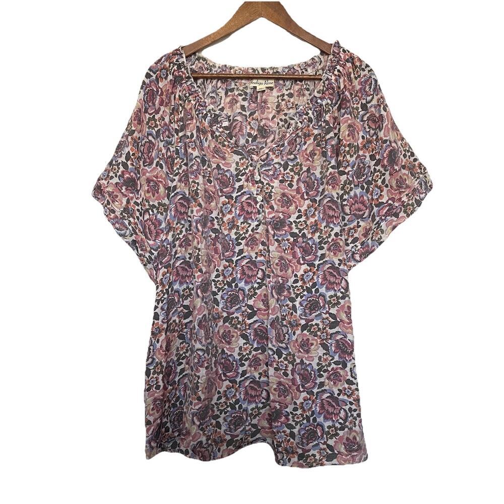 Indigo Rose Tunic Top 3X Floral Multicolor Boho‎ Cottagecore Peasant